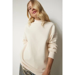 Happiness İstanbul Women's Cream Stand-Up Collar Basic Shark Sweatshirt