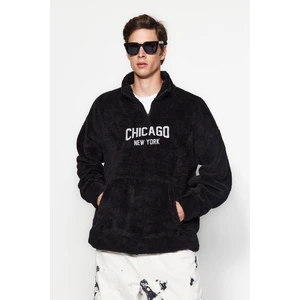 Trendyol Black Men's Oversize/Wide-Fit Zippered Stand Collar City Embroidery Thick Fleece/Plush Sweatshirt.