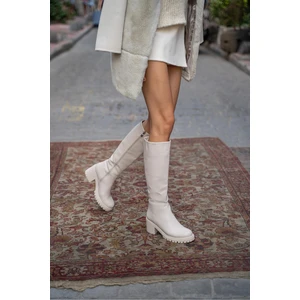 Madamra Beige Women's Knee-Length Heeled Boots