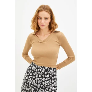 Trendyol Camel Polo Neck Crop Knitted Blouse