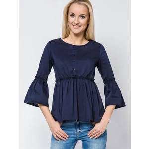 Blouse with frills and lace-up neckline navy blue