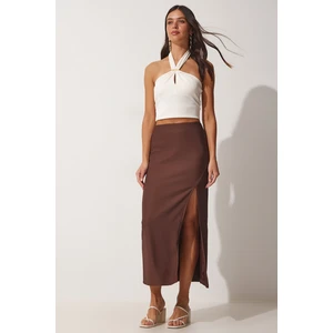 Happiness İstanbul Women's Brown Wrap Pencil Knitted Skirt with Deep Slits