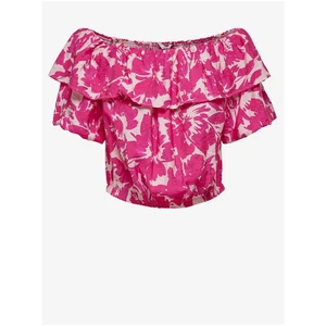 White-pink floral cropped blouse with ruffle ONLY Petra - Women