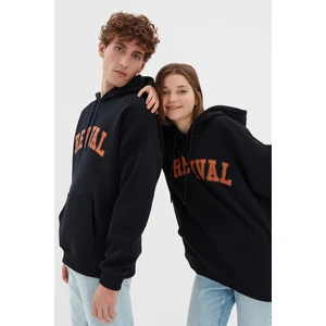 Trendyol Navy Blue Unisex Oversized Hooded Sweatshirt with Slogan Printed and Soft Pile Inside Cotton