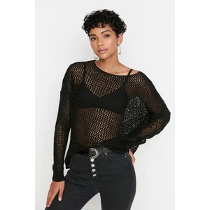 Trendyol Black Super Wide Fit Cotton Openwork/Perforated Knitwear Sweater