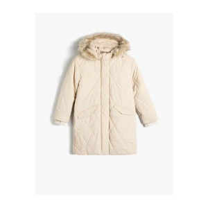 Koton Oversize Long Coat Quilted Faux Fur Detail Hooded Inner Plush Lined Covered Pocket Zipper