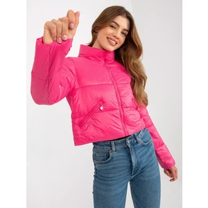 Dark pink short transitional quilted jacket with pockets