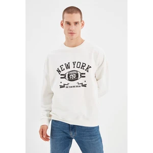 Trendyol Ecru Men's Oversize Long Sleeve Crew Neck Printed Sweatshirt