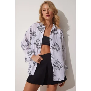 Happiness İstanbul Women's White Black Patterned Oversize Linen Blended Shirt