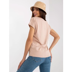 Basic beige women's T-shirt with V-neck