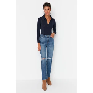 Trendyol Blue Ripped Detailed High Waist Bootcut Jeans