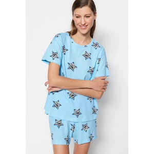 Trendyol Blue 100% Cotton Stars Printed T-shirt-Shorts, Knitted Pajamas Set.