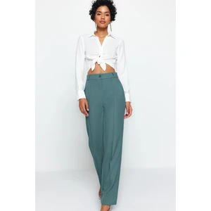 Trendyol Dark Green Straight/Straight Fit High Waist Ribbed Stitched Woven Trousers