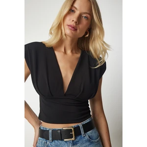 Happiness İstanbul Women's Black Slightly Decollete Crop Blouse