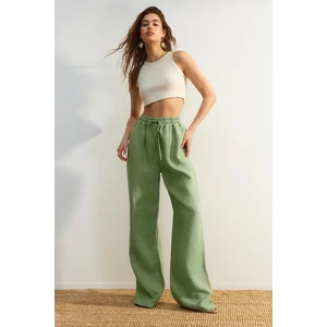 Trendyol Green 100% Linen High Waist Wide Leg Pants with Elastic Waist.