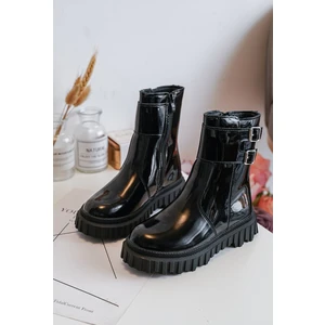 Children's patent leather ankle boots with buckles, Black Chloraia