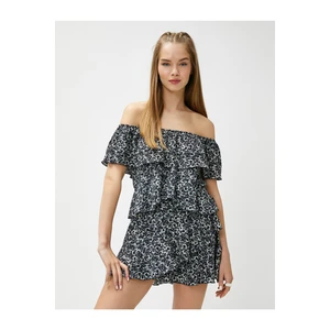 Koton Floral Mini Jumpsuit With Off-Shoulder Ruffles With Frills