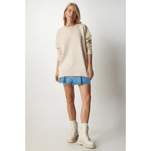 Happiness İstanbul Women's Beige Crew Neck Oversized Knitwear Sweater