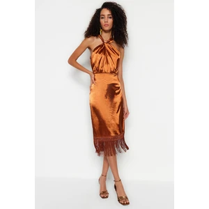 Trendyol Copper Fitted Evening Dress in Weave Satin with Tassels