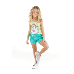 Denokids Unicorn in the Jungle Girl Child's Yellow T-shirt with Straps Turquoise Shorts Set.