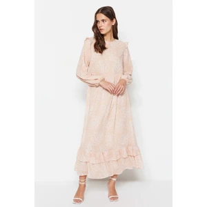 Trendyol Light Pink Floral Lined Woven Chiffon Dress with Ruffle Detailed on the Shoulders