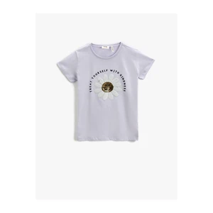 Koton Sequin Embroidered Short Sleeve T-Shirt, Round Neck.