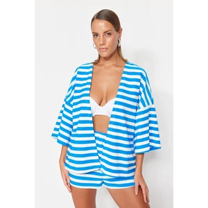 Trendyol Blue Striped Belted Mini Knitted Kimono & Caftan