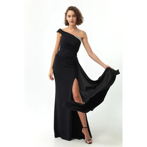 Lafaba Women's Black One-Shoulder Long Evening Dress with Stones.