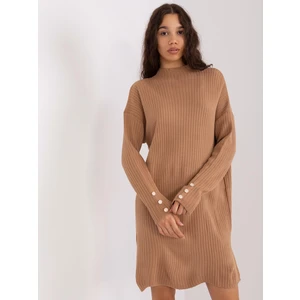 Camel knitted dress with buttons on the sleeves