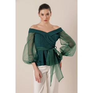 By Saygı Madonna Collar Sleeves Organza Belted Glittery Lycra Blouse Emerald