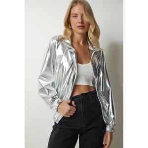 Happiness İstanbul Women's Metallic Gray Shiny Jacket with Pocket