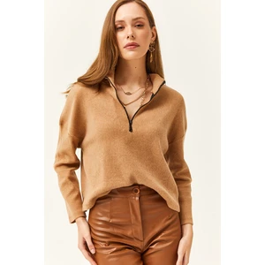 Olalook Women's Camel Zipper High Neck Raised Sweater