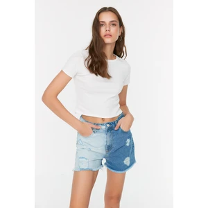 Trendyol Blue Color Block Ripped Detailed Denim Shorts