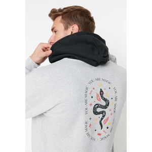 Trendyol Gray Oversize/Wide-Fit Hooded Text Printed Fleece Inside Sweatshirt