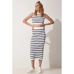 Happiness İstanbul Women's White Black Striped Crop Summer Skirt Sweater Suit