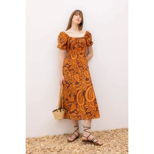 DEFACTO Square Neck Floral Aerobin Balloon Sleeve Midi Short Sleeve Dress