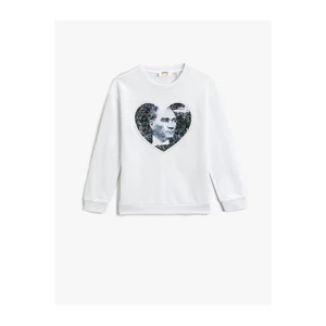 Koton Atatürk Printed Sweatshirt with Sequin Embellishment on Both Sides.