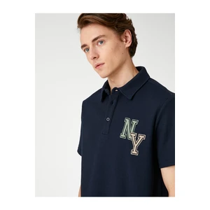 Koton College T-Shirt Polo Neck Button Detailed Embroidered.