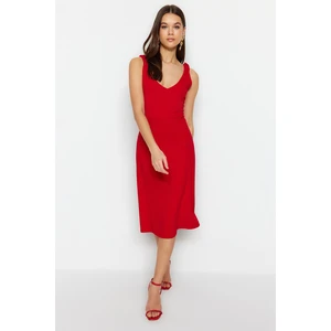 Trendyol Red Gipe Detail A-line Midi V-neck Crepe Knitted Dress