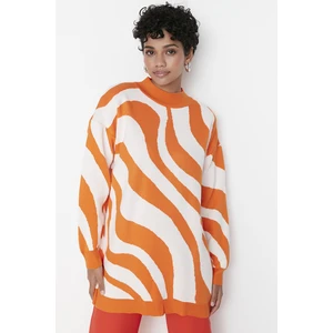 Trendyol Ecru Orange Animal Striped Pattern Half Turtleneck Knitwear Sweater