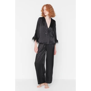 Trendyol Weave Black Feather Detailed Satin Pajamas Set