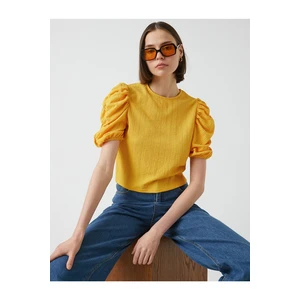 Koton Pleated Balloon Sleeves T-Shirt Crew Neck