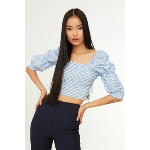 Trendyol Blue Crop Balloon Sleeve Houndstooth Blouse