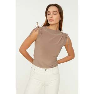 Trendyol Beige Tie Detailed Knitted Blouse