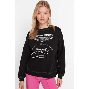 Trendyol Black Printed Loose Raised Knitted Sweatshirt