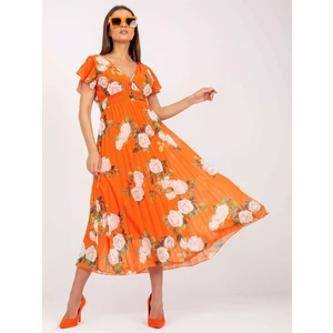 Orange floral pleated dress in midi length