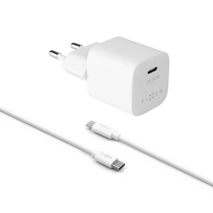 Set síťové nabíječky FIXED Mini s USB-C výstupem a USB-C/USB-C kabelu, podpora PD, 1 metr, 20W, bílá