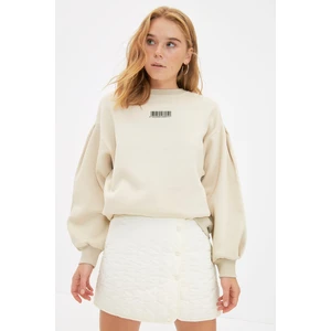 Trendyol Stone Thick Fleece Minimal Printed Balloon Sleeve Knitted Sweatshirt