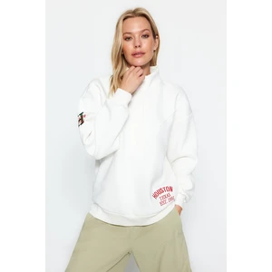 Trendyol Ecru Thick Inner Fleece Embroidery and Button Detail High Neck Oversize Knitted Sweatshirt