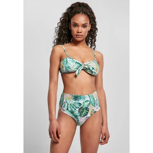 Women's high-waisted bikini with leaf white pattern